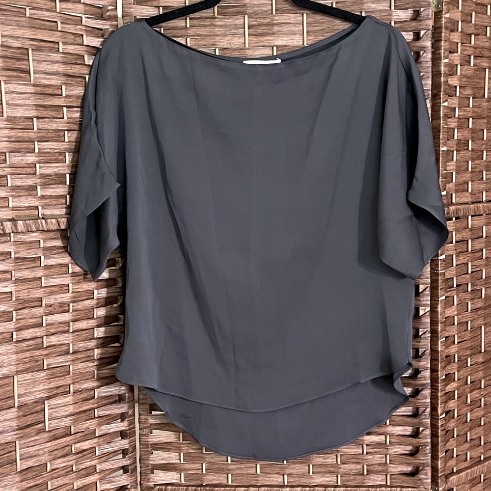 MILLY Gray Drape Neck Silk Blouse P